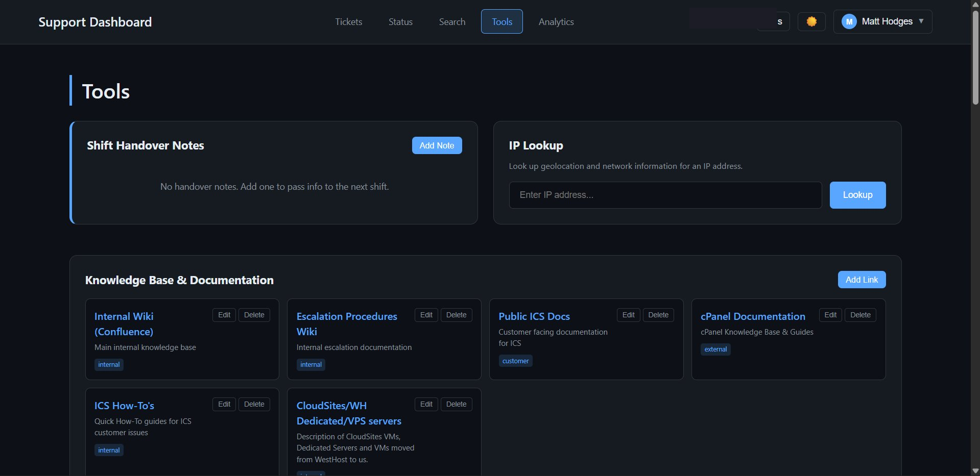 Tools page with shift handover and KB links