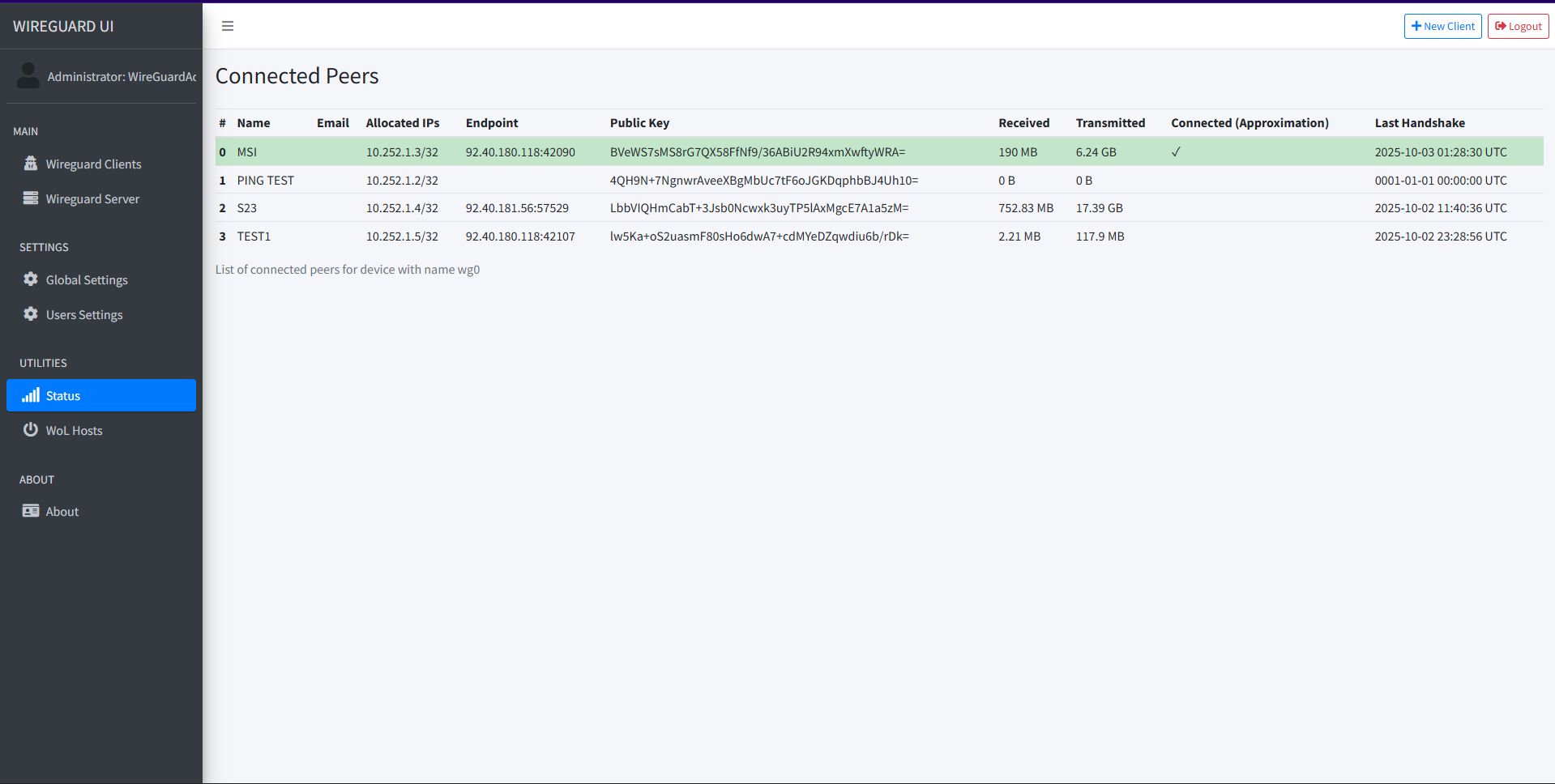 WireGuard UI status view